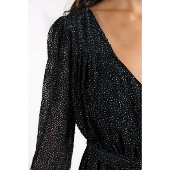 LENON Black Stone Dots Burnout Velvet Surplice Midi 'Rose' Dress sz M Women's - Picture 5 of 13